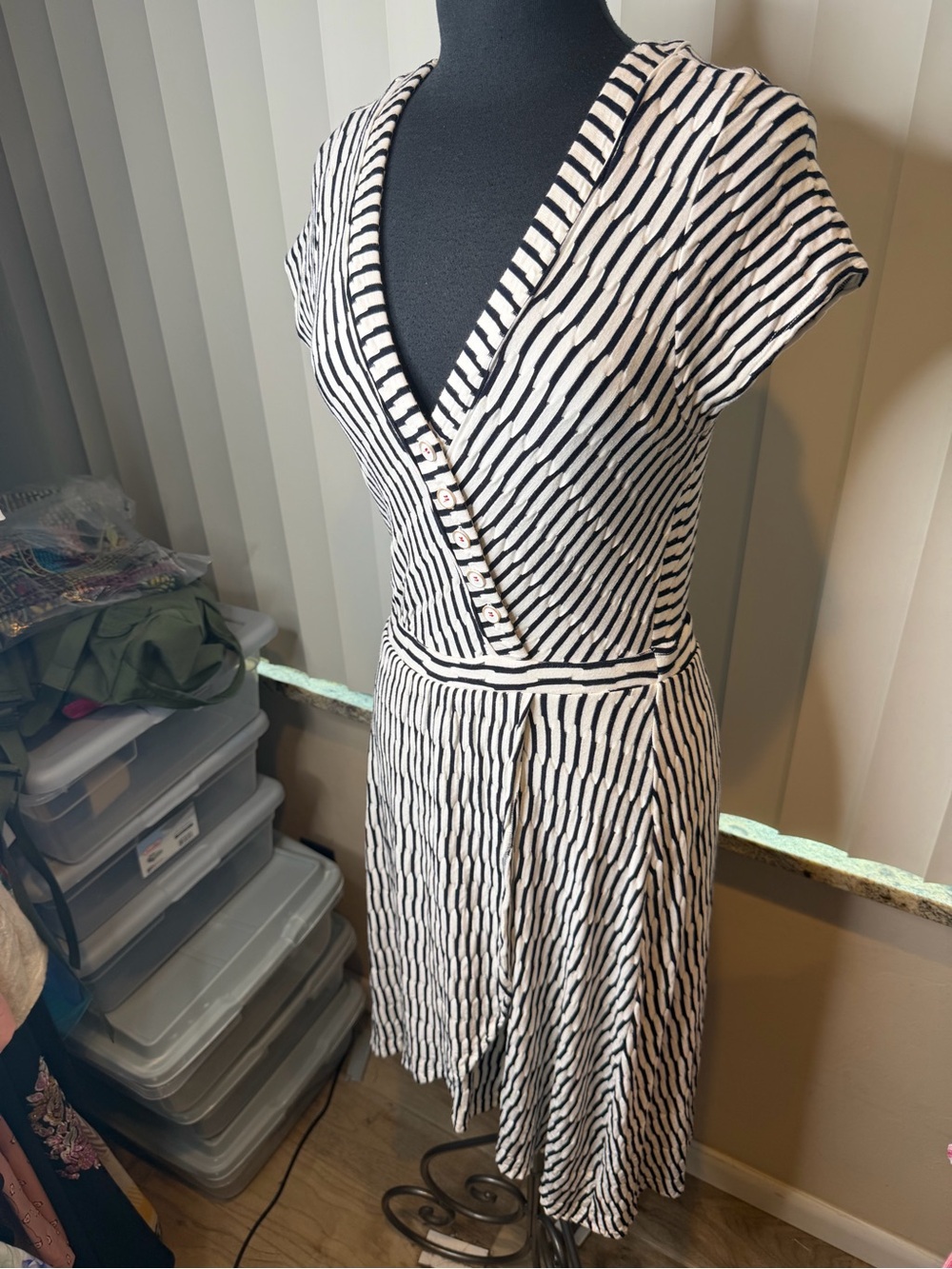 Maeve x Anthropologie Paladino Textured Dress Black White Striped Size Medium - Picture 3 of 8